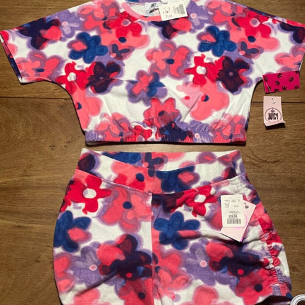 Juicy Couture Women's Floral Terry Cloth Crop Top And Shorts Size M